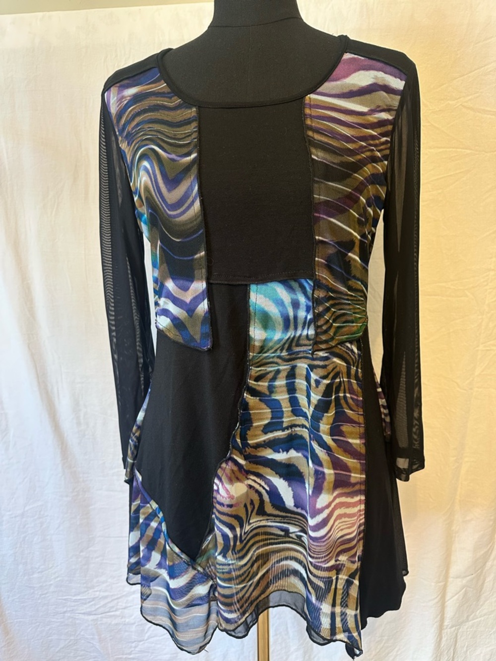 From The Heart Artsy Tunic Top Mesh Sleeves Asymmetrical Lagenlook Art Medium